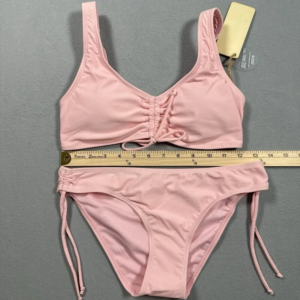 Cabana del Sol Pink Bikini Set Small NWT Ruched Tie Side Swimsuit NEW